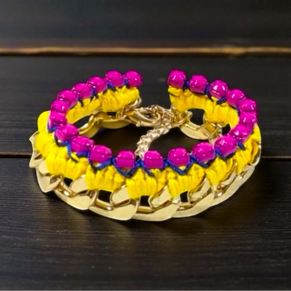Yellow & Pink Woven Chain Bracelet With Adjustable Clasp